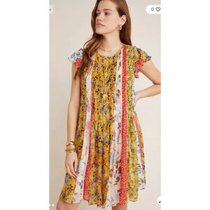 Anthropologie Varun Bahl Pintucked Floral Boho Dress 1X NWT Tunic Mini